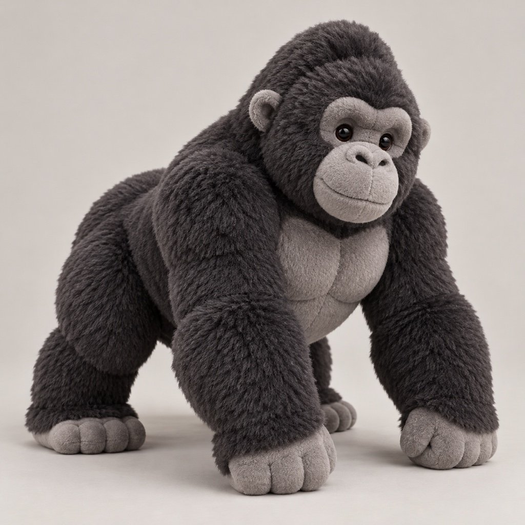 Charcoal gorilla plush concept in a knuckle-supported pose with broad shoulders, a grey face and chest, and large grey hands and feet