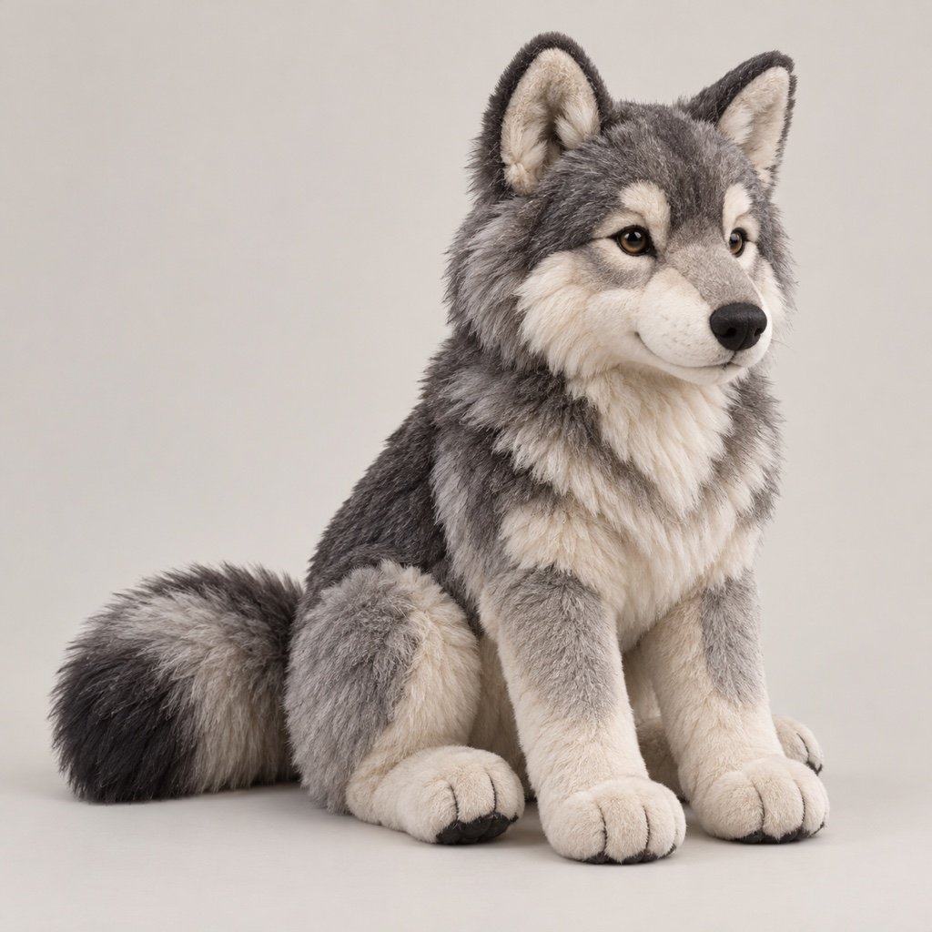 Seated grey wolf plush concept with pointed ears, pale muzzle and chest, layered charcoal and silver colouring and a thick dark-tipped tail