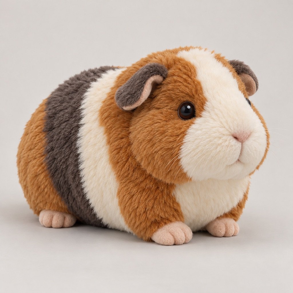 Rounded guinea pig plush concept with caramel, cream and charcoal patches, a cream facial blaze, folded ears and short pink paws
