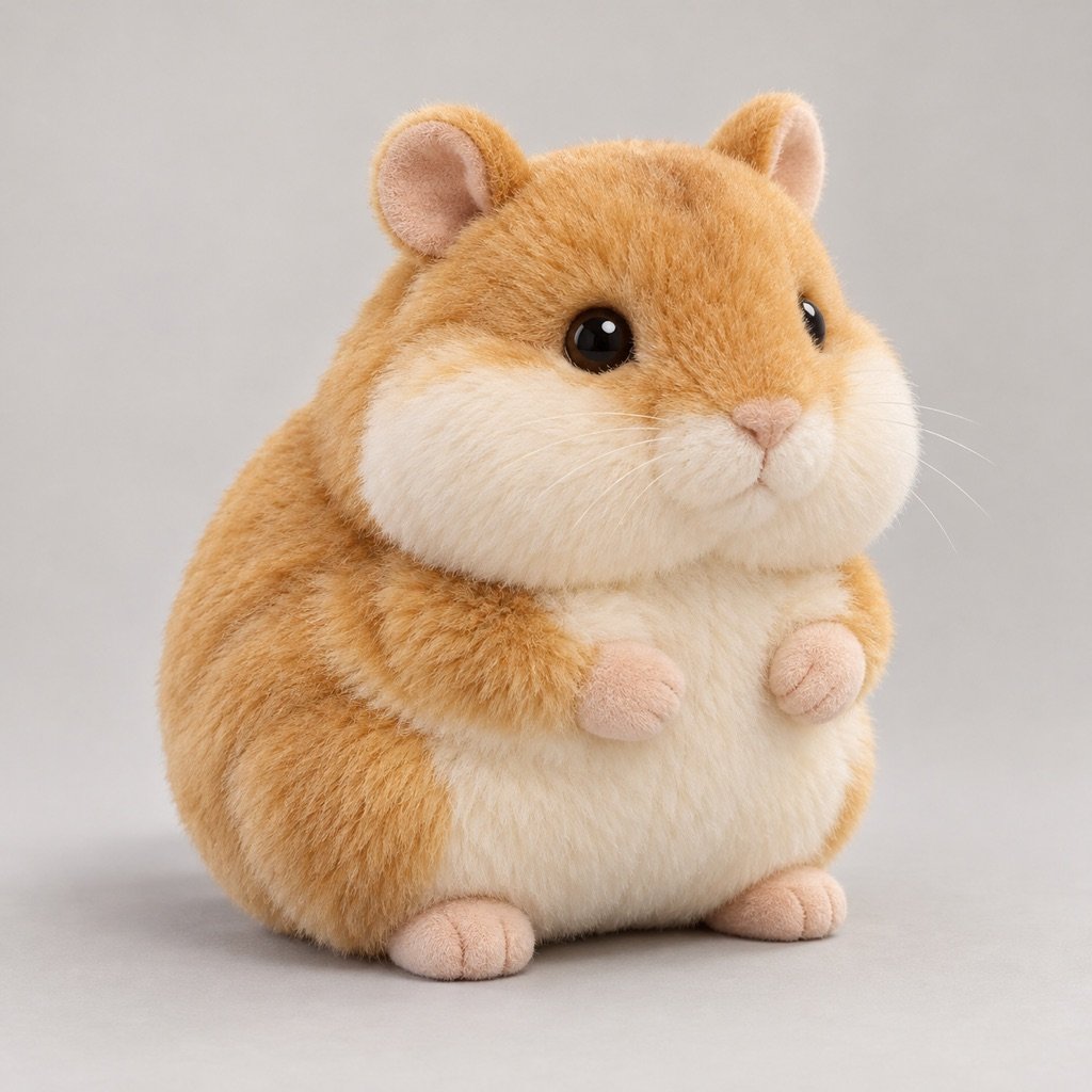 Honey-gold hamster plush concept with large cream cheek panels, a cream belly, small rounded ears and short pink paws