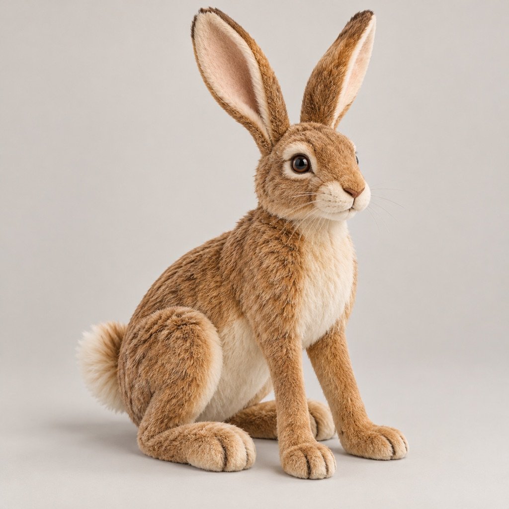 Tawny hare plush concept in a seated pose with long upright ears, cream throat and belly, slim forelegs and large hind feet