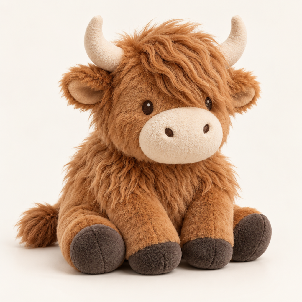 Seated caramel Highland cow plush with cream horns and muzzle — AI-generated concept reference