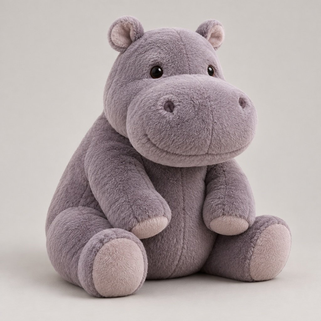 Seated gray purple hippopotamus plush design concept with a broad rounded muzzle, small round ears and pale foot pads