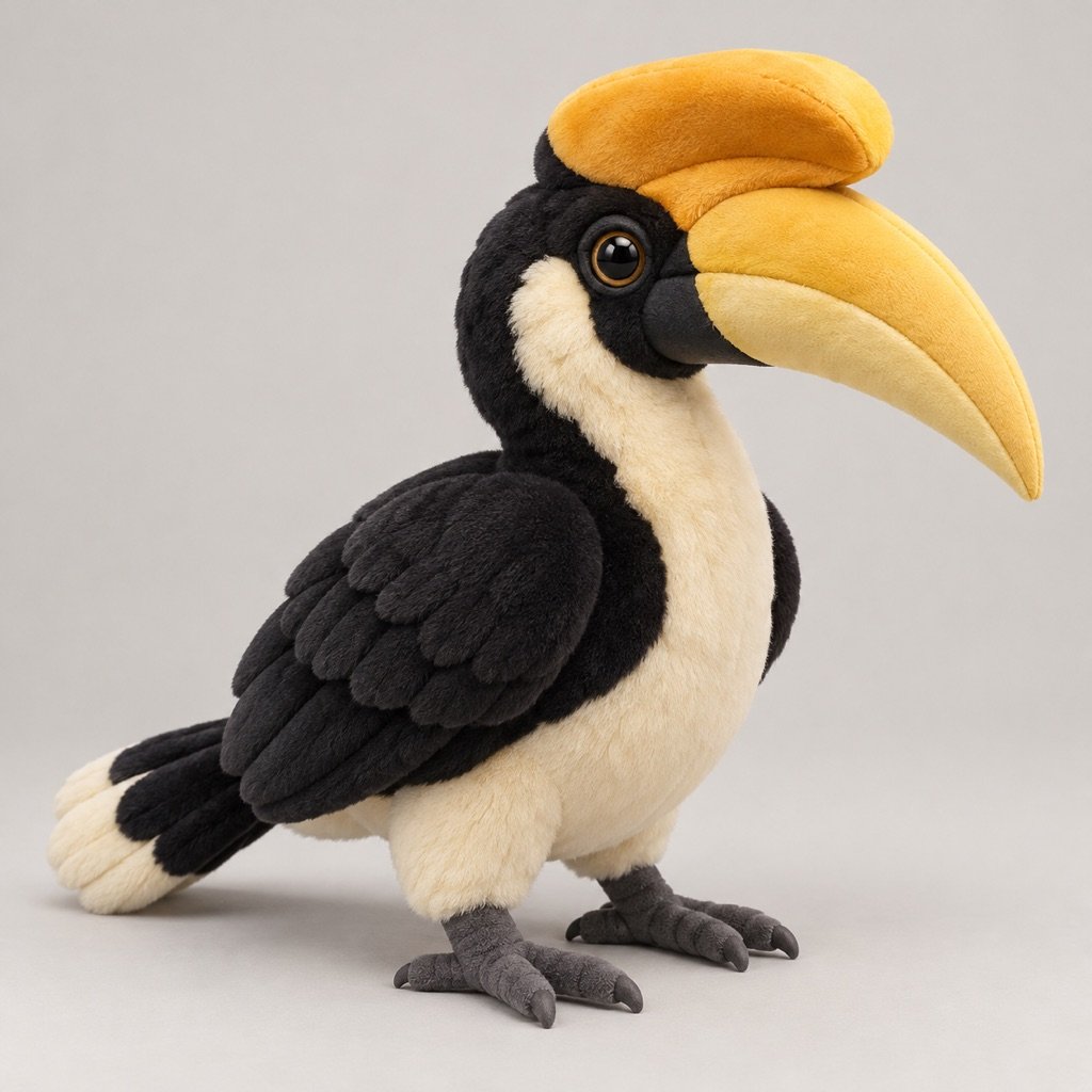 Black-and-cream hornbill plush concept with a large yellow bill and rounded casque, folded dark wings, pale tail tip and grey feet