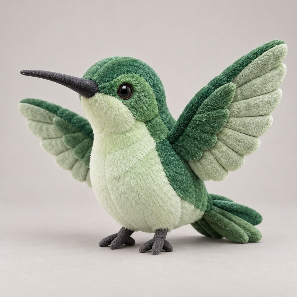 Jade-green hummingbird plush concept with a pale mint belly, two raised open wings, a long dark bill and small dark feet