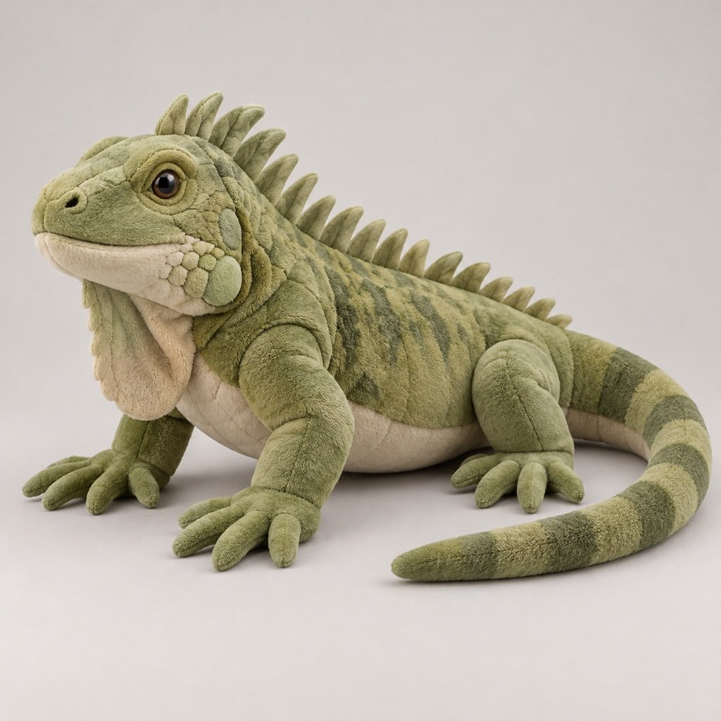 Moss green iguana plush concept with dark body bands, a raised back ridge, pale throat flap, padded legs and curved tail