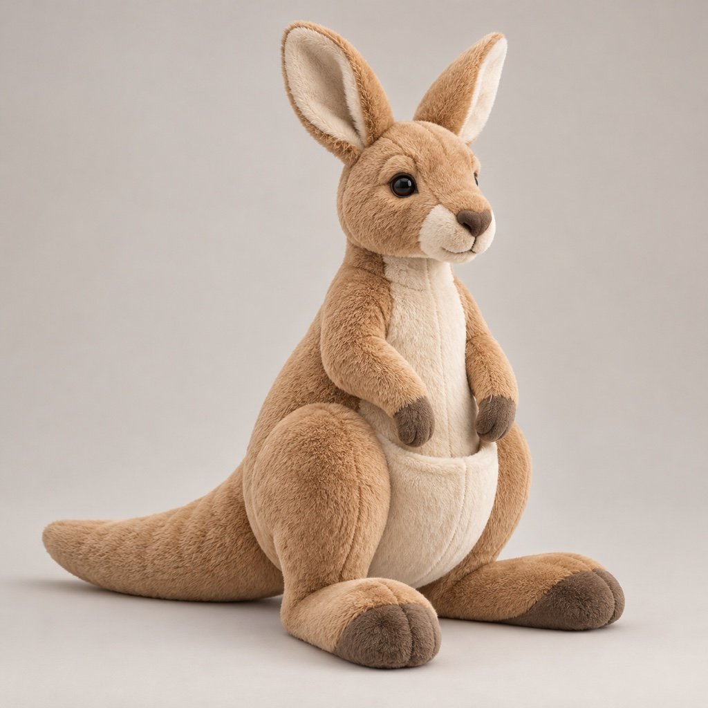 Seated sandy kangaroo plush concept with long ears, cream belly and empty pouch, small forearms, broad hind feet and a long tail