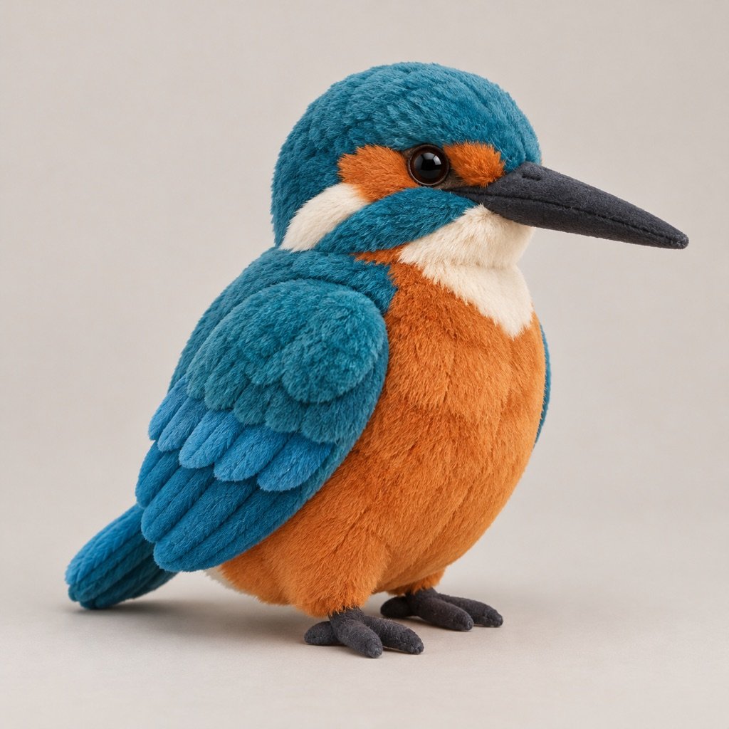 Teal-blue kingfisher plush concept with an orange belly and cheek patches, cream throat, long dark tapered bill and small dark feet