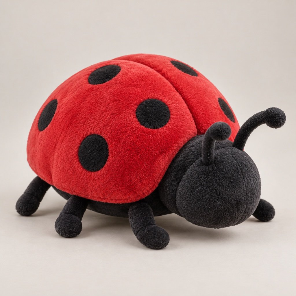 Red ladybug plush concept with rounded wing covers, black spots, a plain charcoal head, antennae and short legs