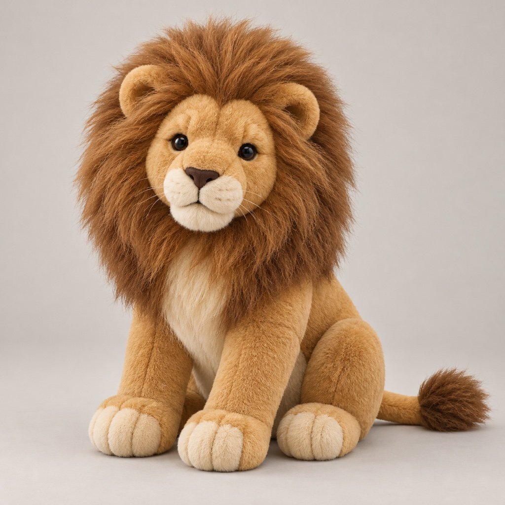 Seated honey coloured lion plush design concept with a full brown mane, cream muzzle and chest, and a tufted tail