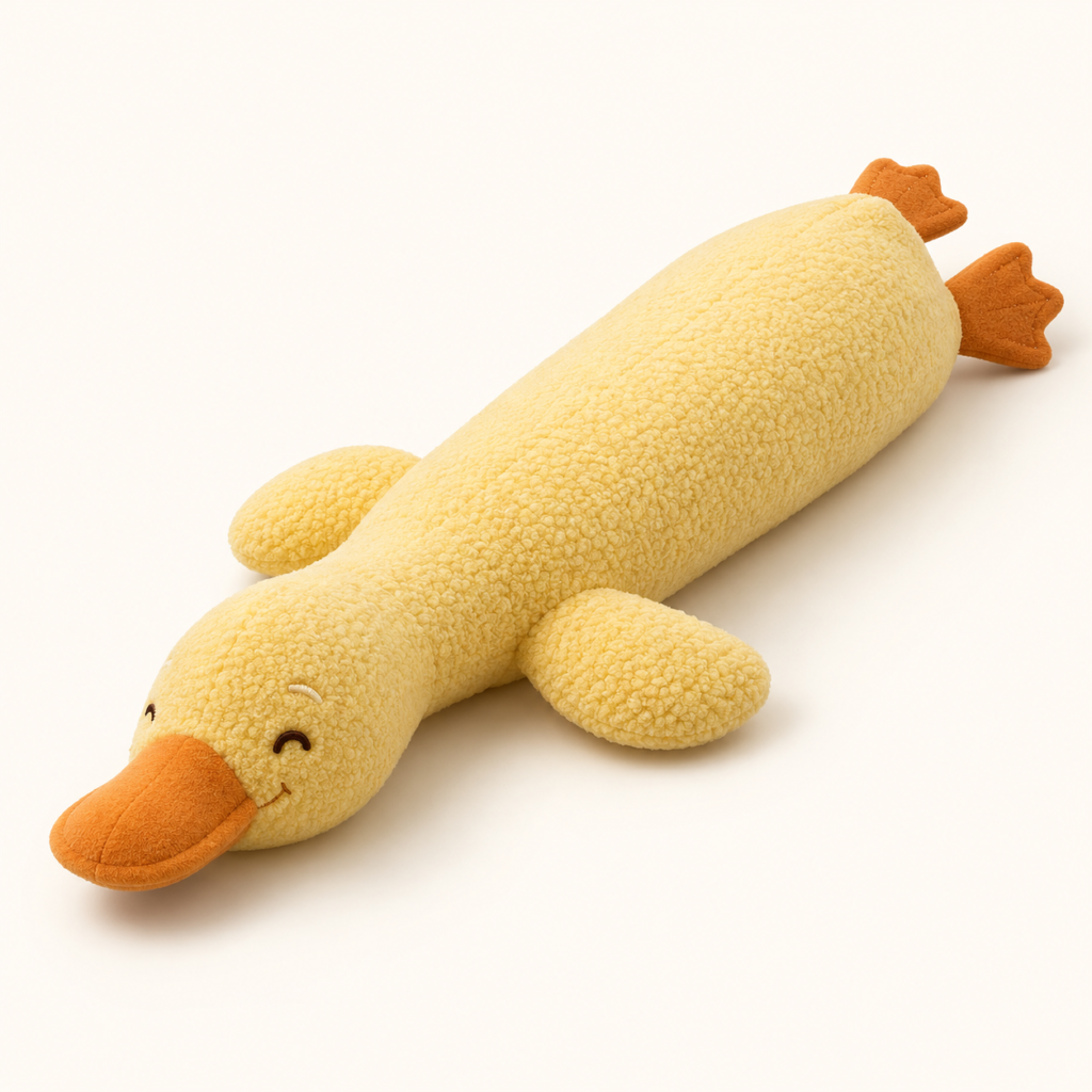 Long yellow duck plush pillow in a lying pose — AI-generated concept reference