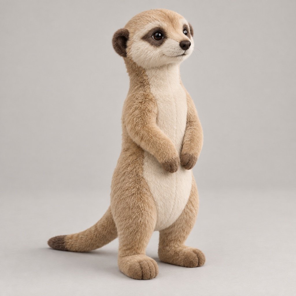 Upright sandy meerkat plush design concept with a cream belly, dark eye patches, short front arms and a tapered tail