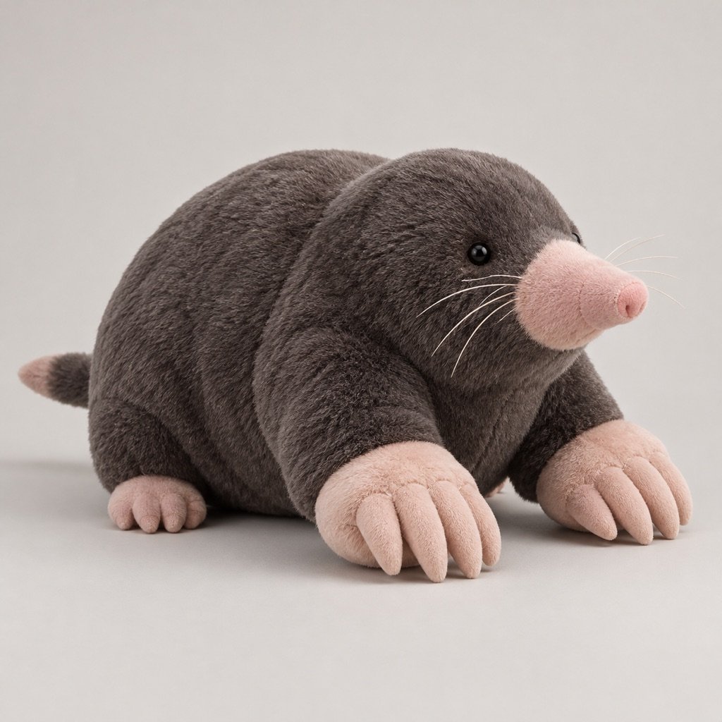 Charcoal mole plush concept with a projecting pink snout, broad pink front paws, small dark eyes and a short pink-tipped tail