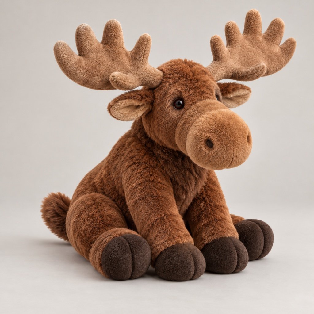Seated brown moose plush concept with broad pale brown antlers, a long rounded muzzle, dark hooves and a short tail