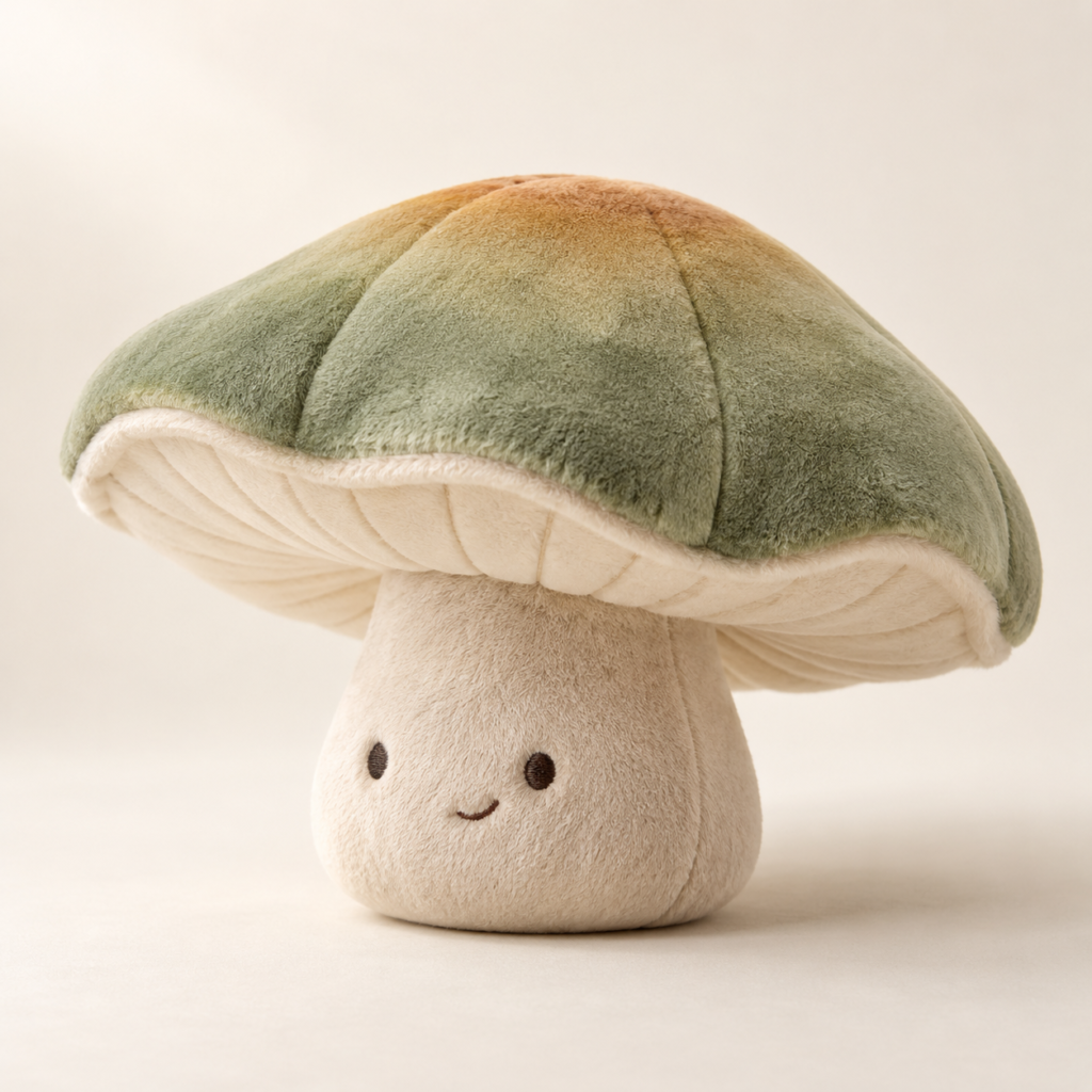 Low mushroom plush with a sage and ochre cap and cream stem — AI-generated concept reference