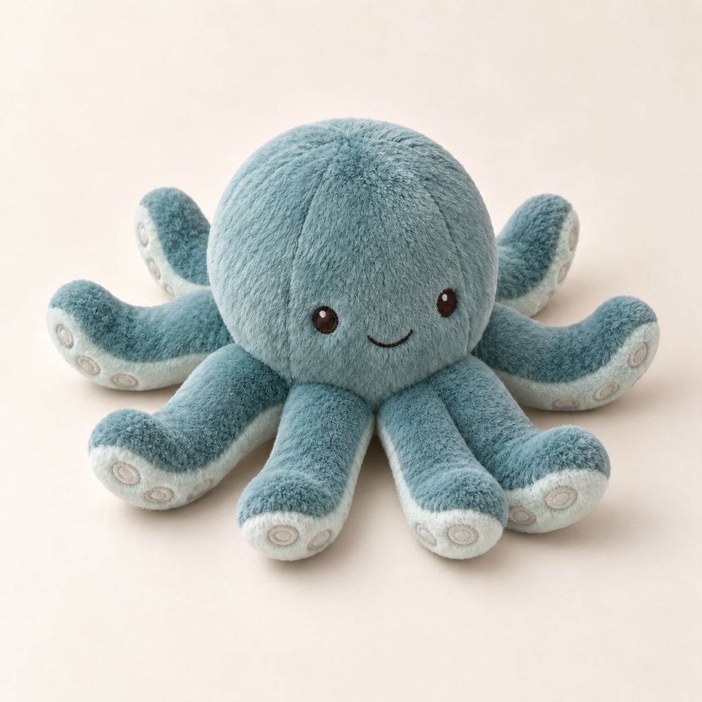 Teal octopus plush with one static face and eight short arms — AI-generated concept reference