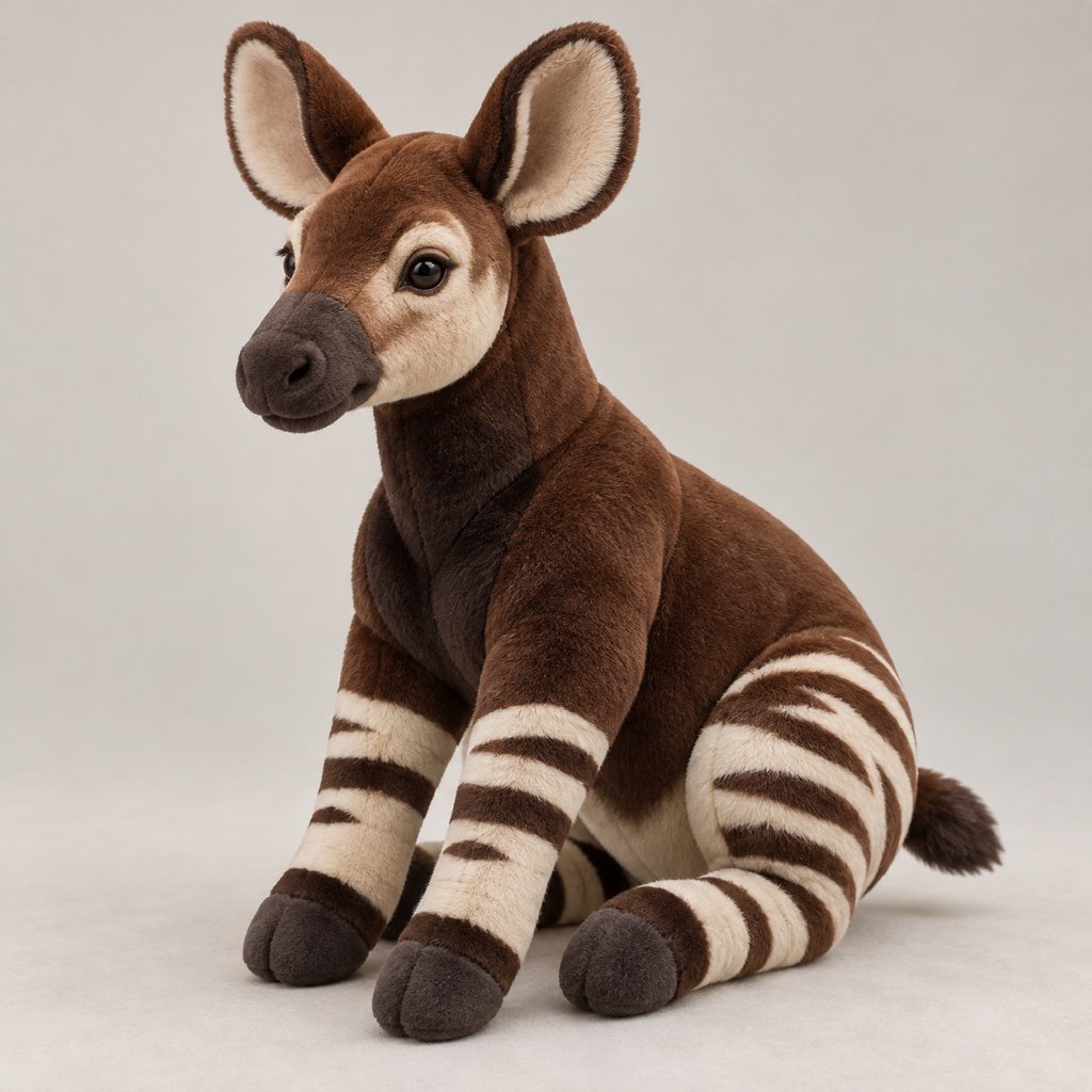 Seated chocolate brown okapi plush design concept with large pale inner ears, cream leg stripes and a dark muzzle