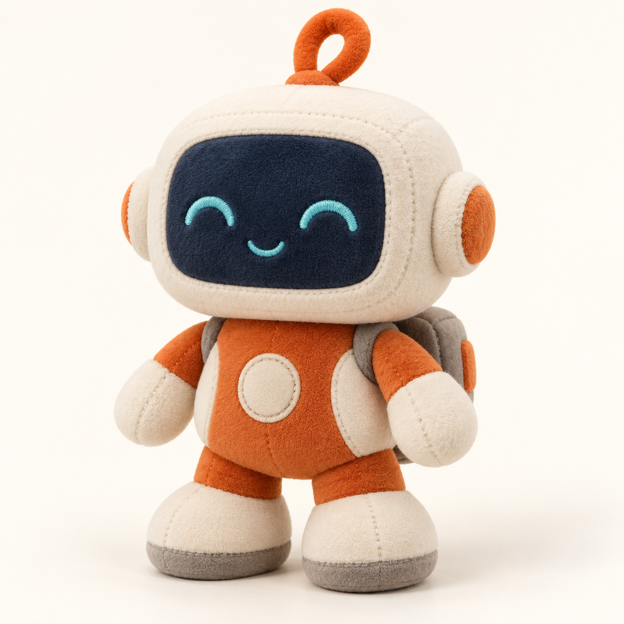 Orange and white space robot plush with a static fabric face — AI-generated concept reference