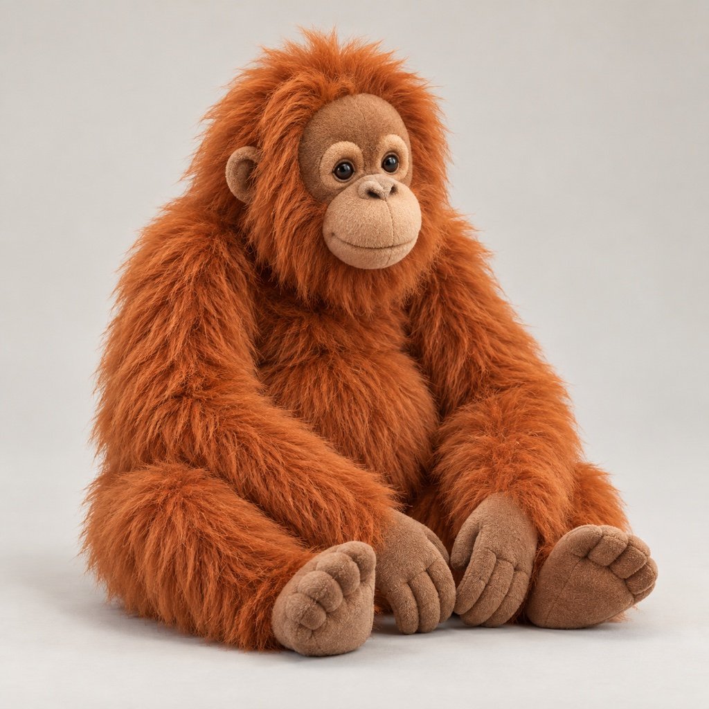 Seated rust-orange orangutan plush concept with long shaggy arms, a warm brown rounded face, and brown hands and feet in front
