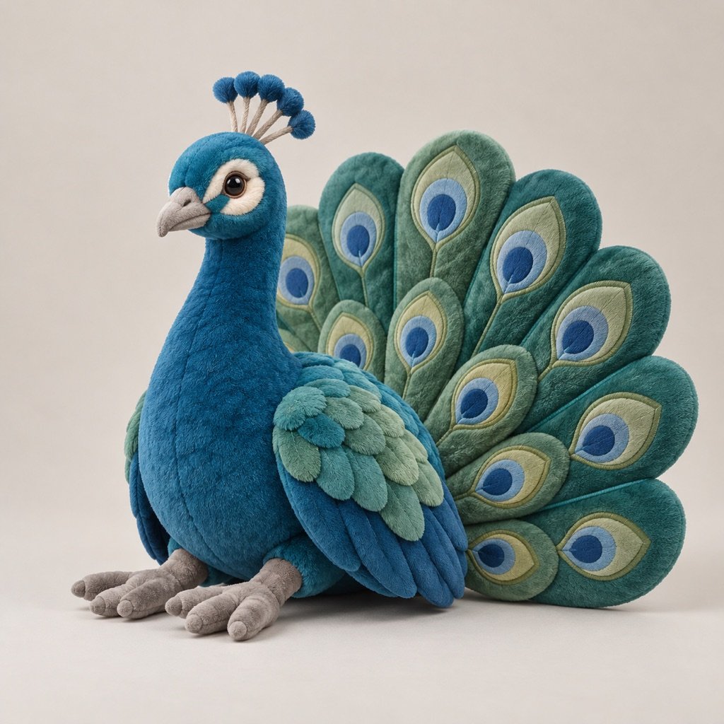 Teal-blue peacock plush concept with an upright neck, small fan crest and broad green tail decorated with blue eye-shaped motifs