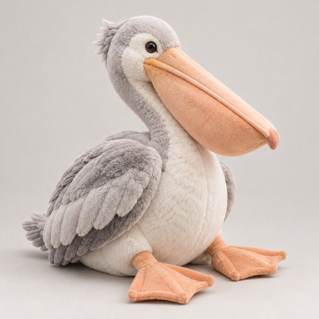 Pale-grey pelican plush concept with a long peach bill and pouch outline, cream chest, layered grey wings and broad webbed feet