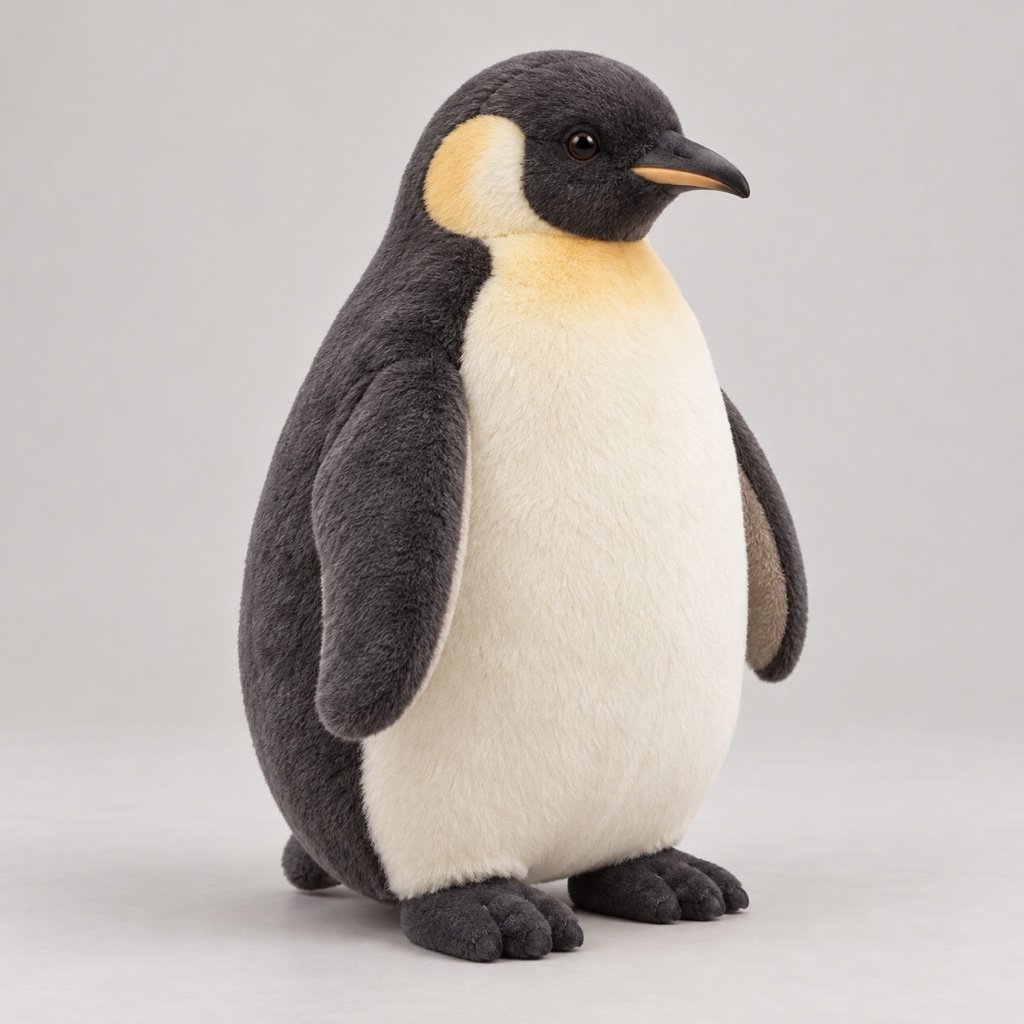 Upright charcoal penguin plush design concept with a cream belly, warm yellow neck patches and short side flippers