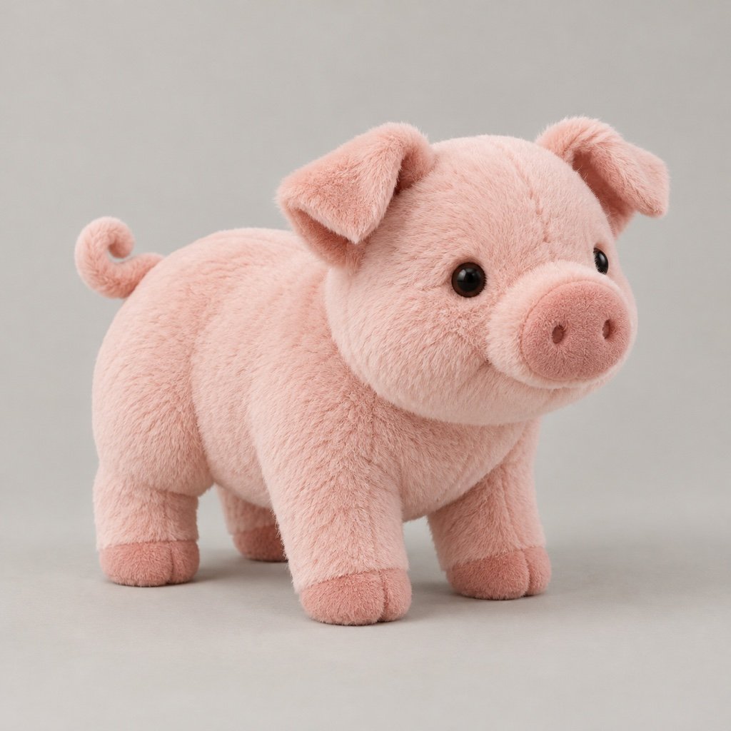 Rose pink piglet plush design concept standing on four short legs with a round snout, folded ears and curled tail