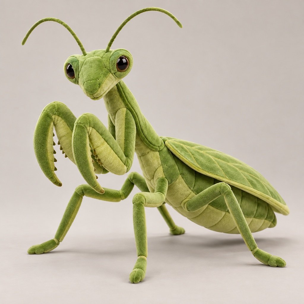 Leaf green praying mantis plush concept with a triangular head, folded front limbs, slender legs, curved antennae and leaflike wings