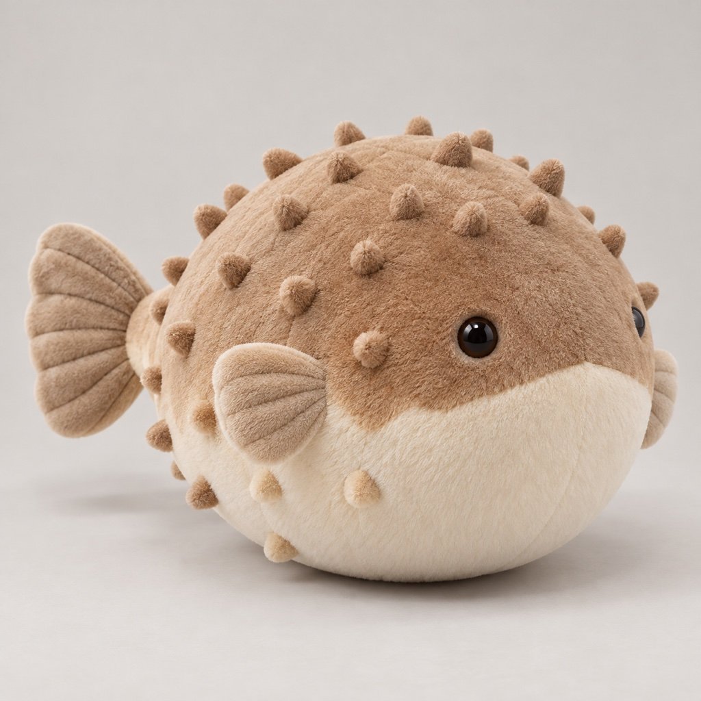 Rounded sand brown pufferfish plush concept with a cream underside, short soft nubs, pale side fins and fan shaped tail