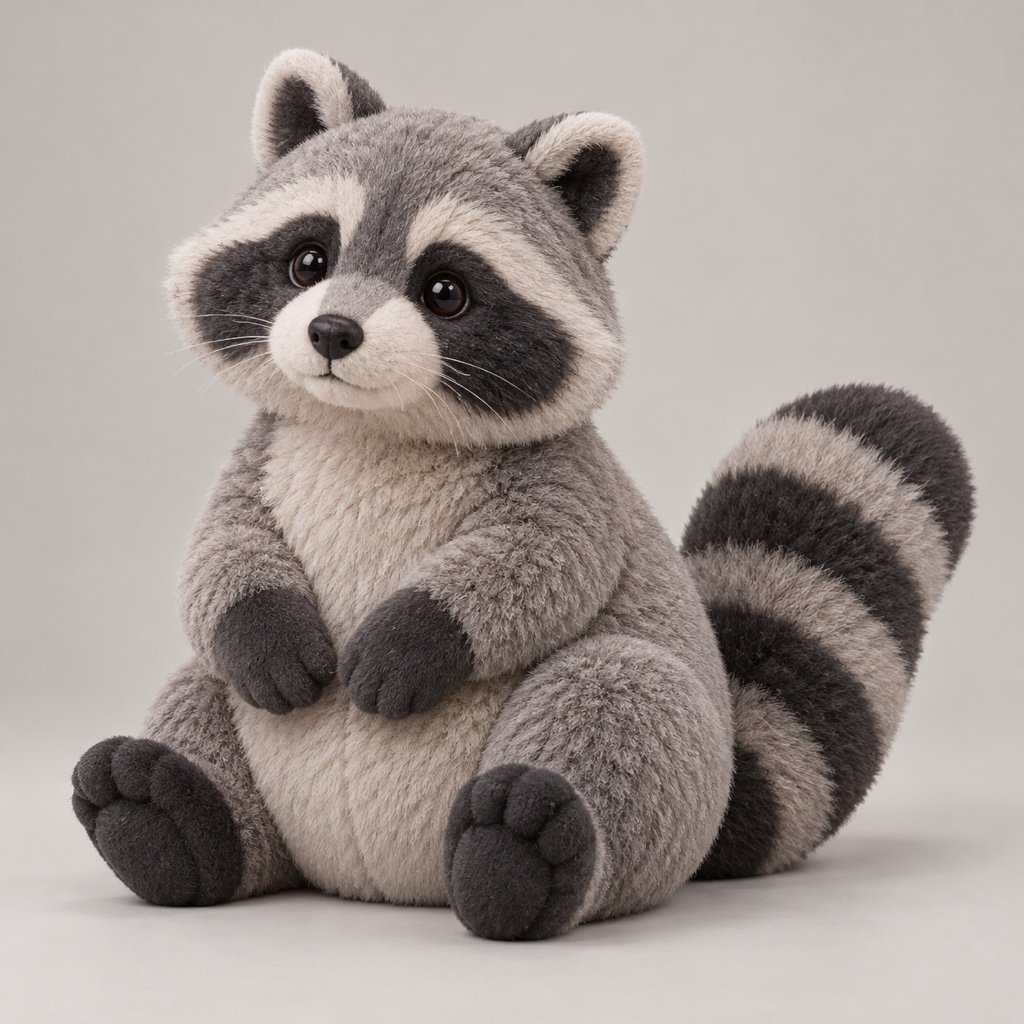 Seated grey raccoon plush design concept with a dark facial mask, pale belly, dark paws and a full ringed tail