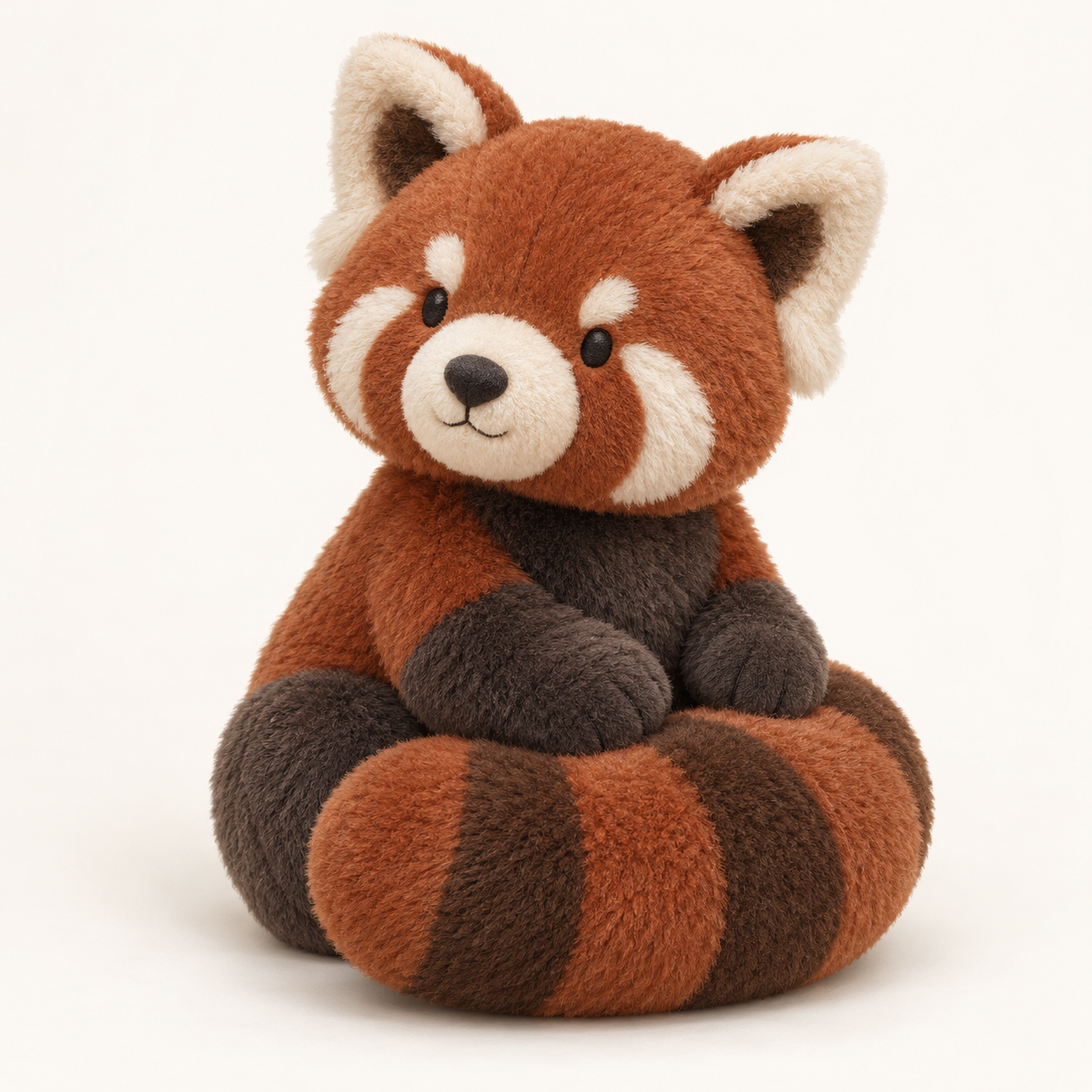 Red panda plush with cream facial markings and a striped tail curled in front — AI-generated concept reference