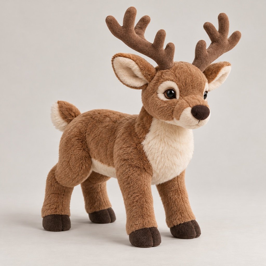 Standing brown reindeer plush concept with branching antlers, cream chest and muzzle, a dark nose and dark rounded hooves