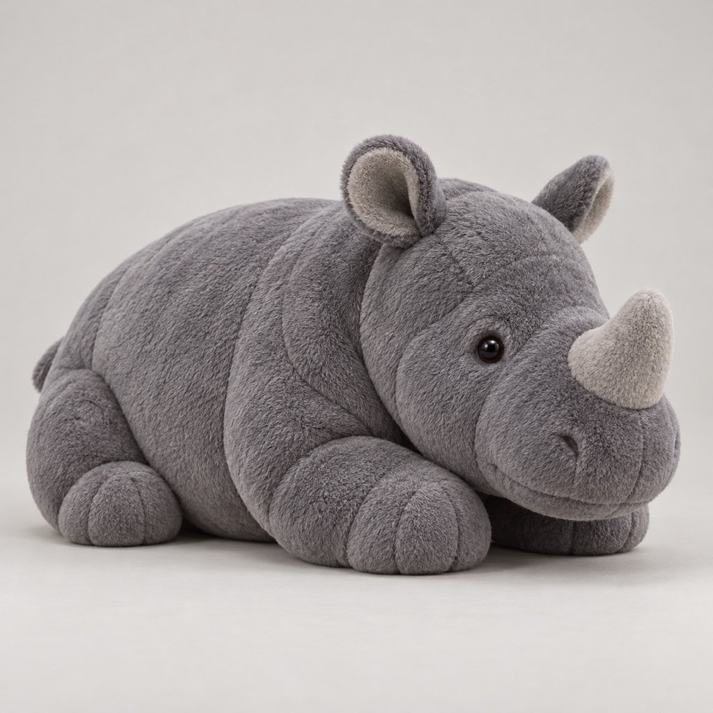 Slate gray rhinoceros plush design concept in a low resting pose with a short pale horn, rounded ears and broad feet
