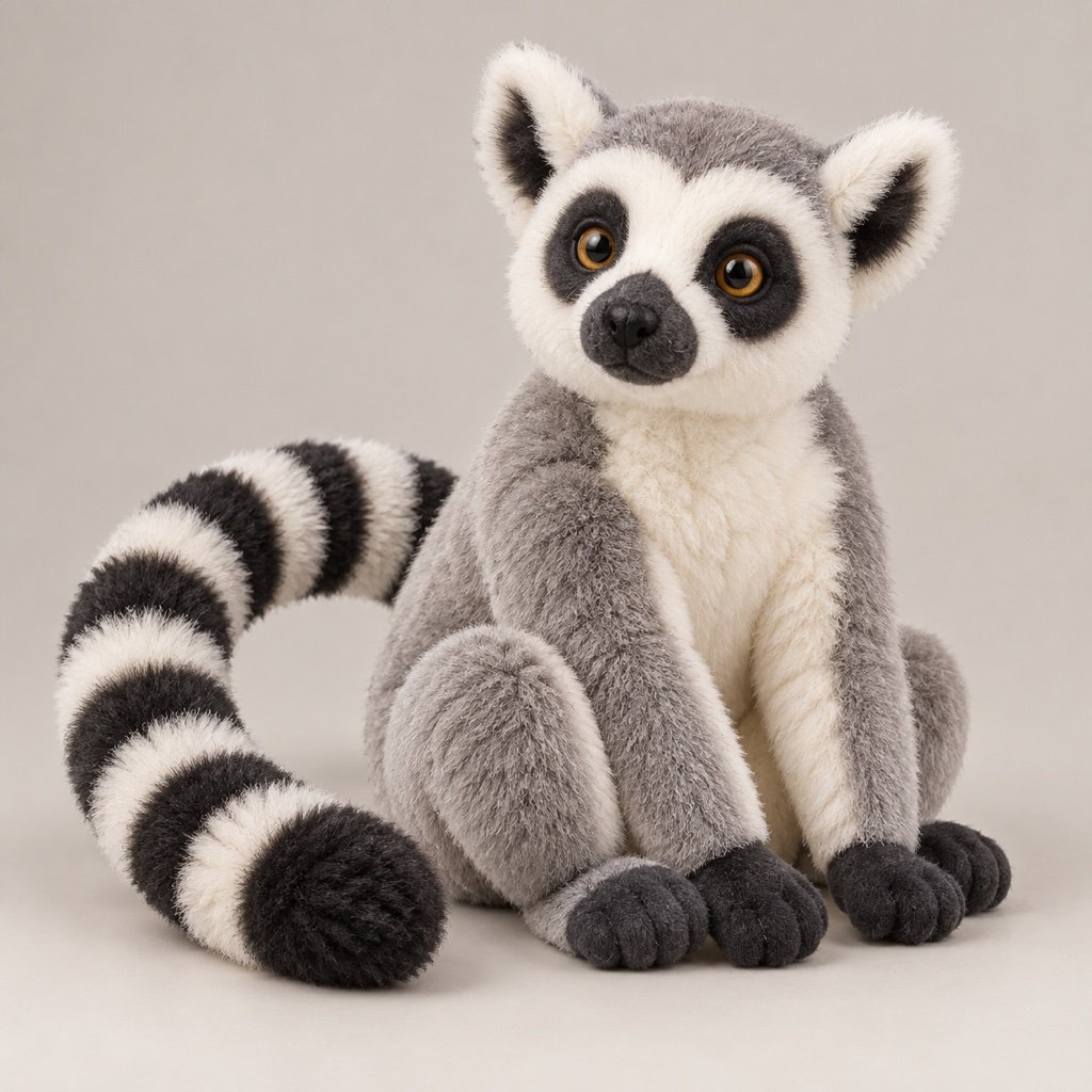 Seated silver-grey ring tailed lemur plush concept with cream face and chest, dark eye patches and a long black-and-white ringed tail