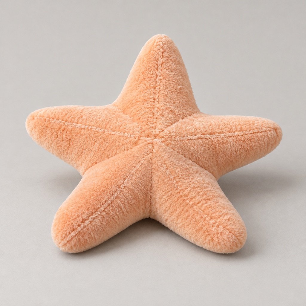 Faceless pale apricot sea star plush concept with five broad rounded arms and subtle panel seams