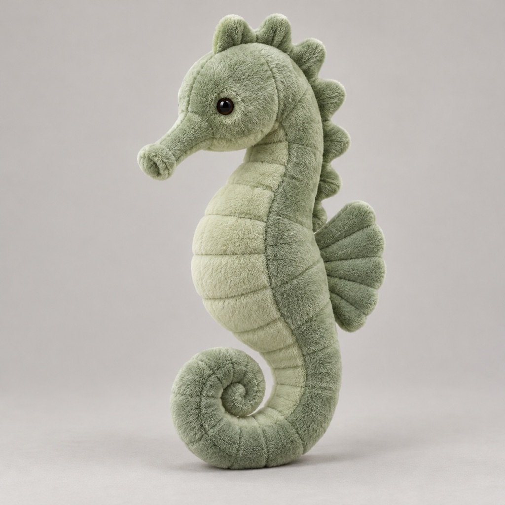 Pale green seahorse plush concept with a curved neck, coiled tail, lighter belly and rounded fabric fin