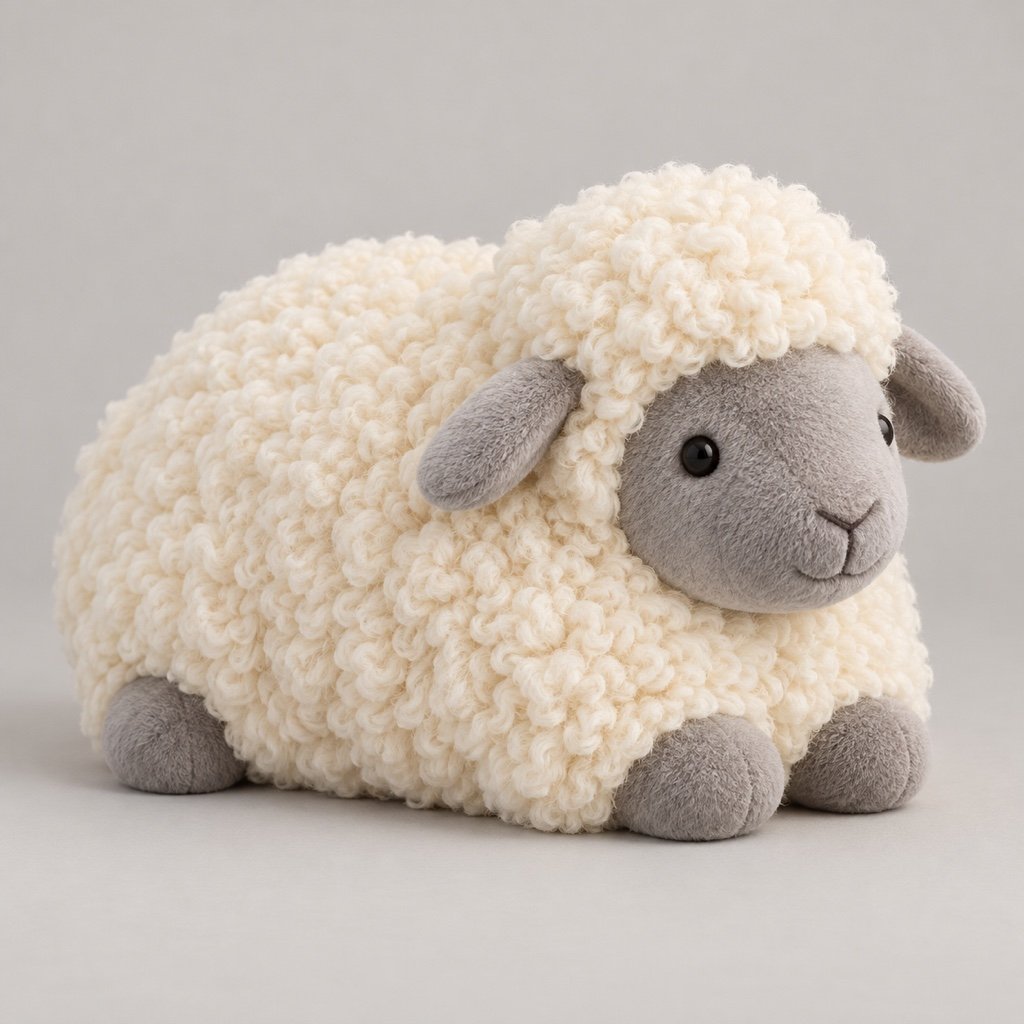 Resting sheep plush design concept with a cream curly coat, smooth gray face, gray ears and short gray feet