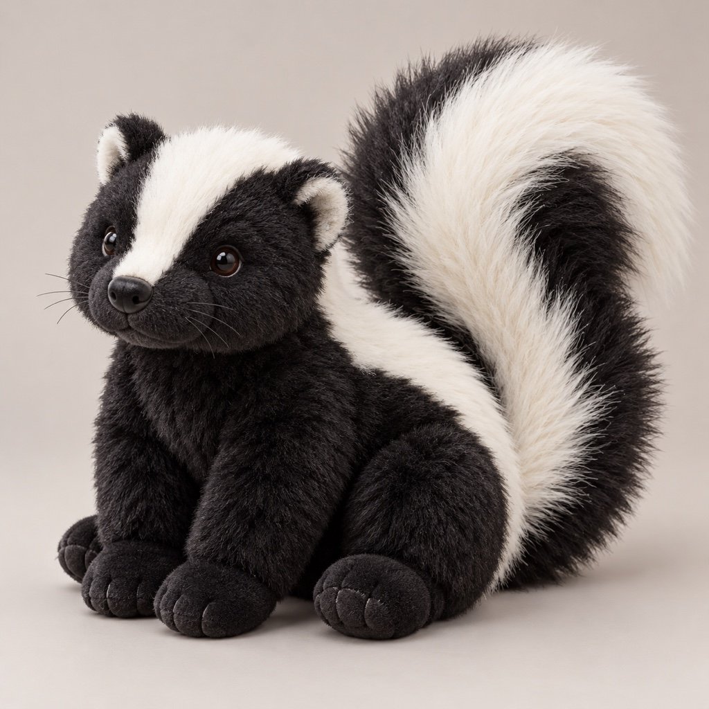 Seated black skunk plush concept with a broad white head and back stripe, rounded ears and a large raised black-and-white tail