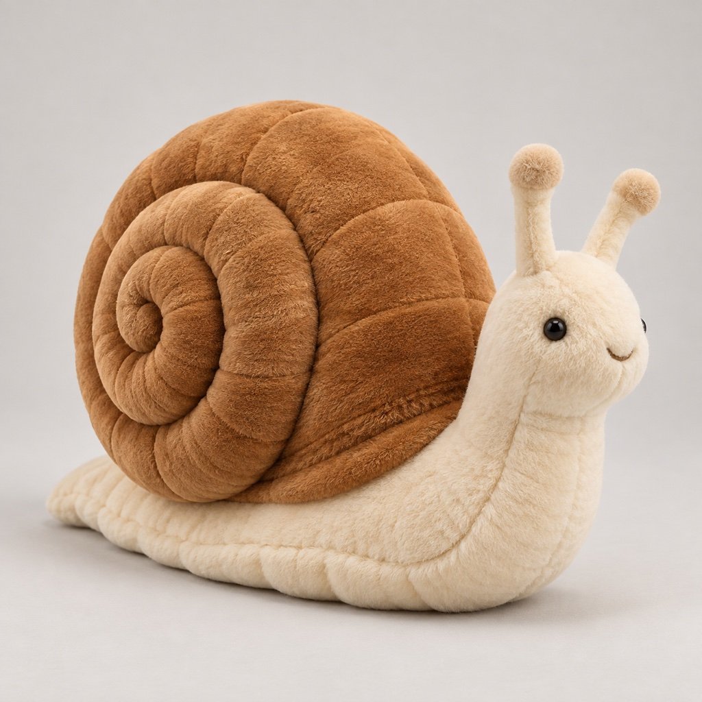 Cream snail plush concept with a large caramel spiral shell, broad resting underside, rounded feelers and a small smile