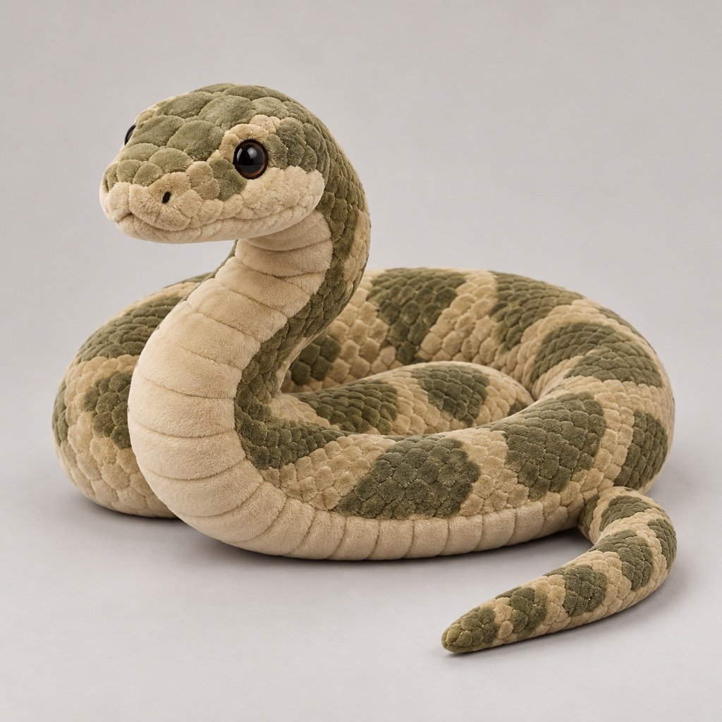 Olive and sand snake plush concept in a loose coil with a raised rounded head, cream belly panels and tapered tail