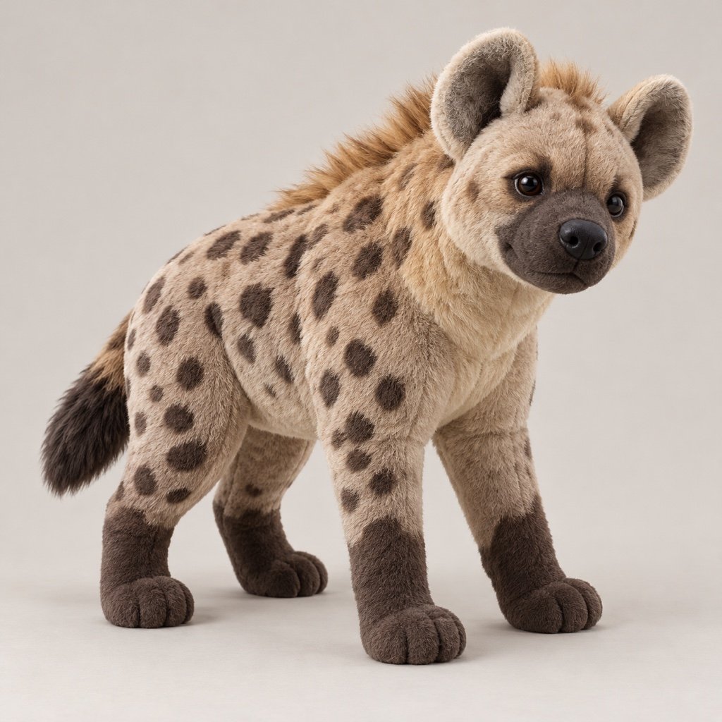 Standing warm taupe spotted hyena plush concept with rounded ears, a broad dark muzzle, raised shoulders, short mane and dark lower legs