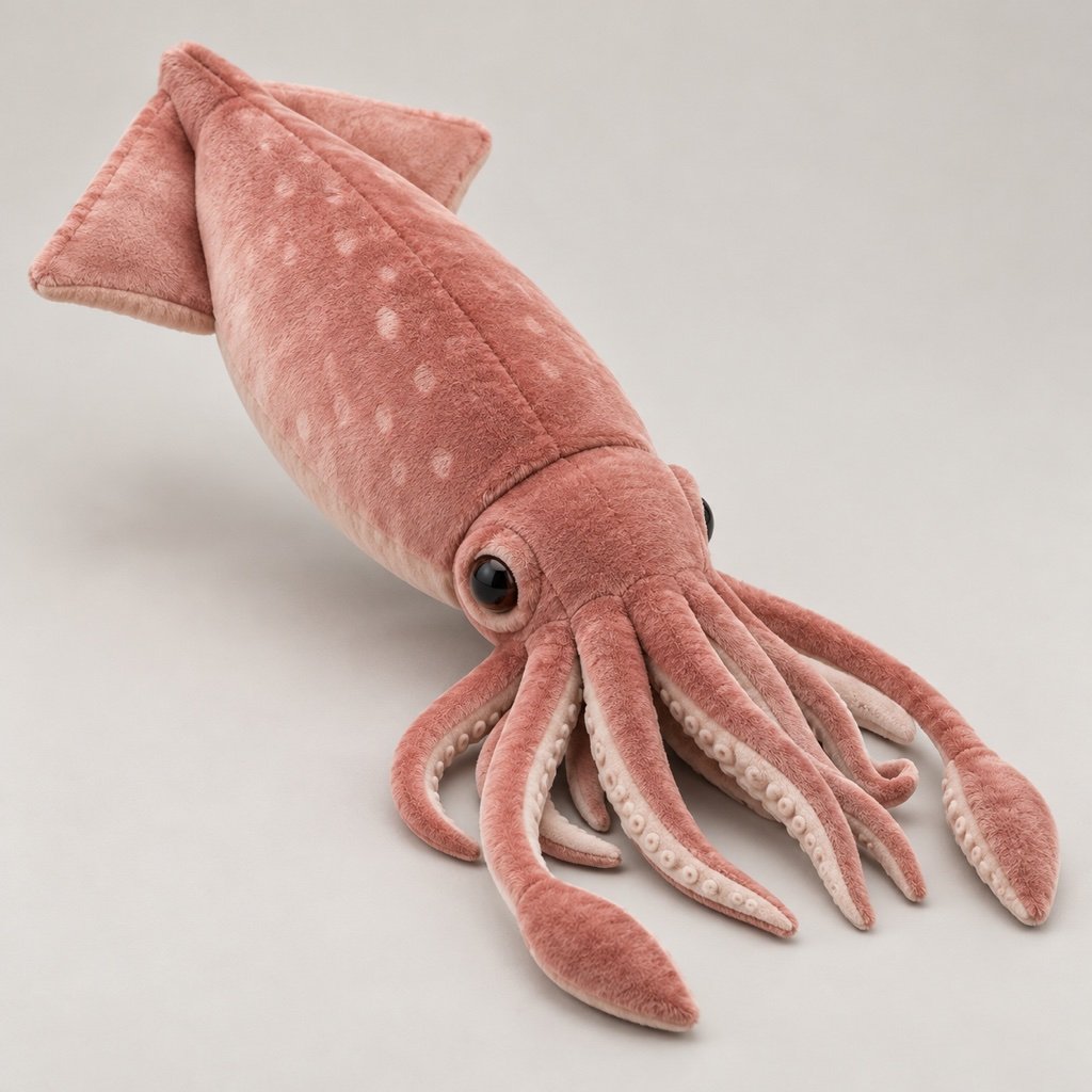 Dusty rose squid plush concept with an elongated mantle, triangular side fins, pale spots and clustered arms with light underside details