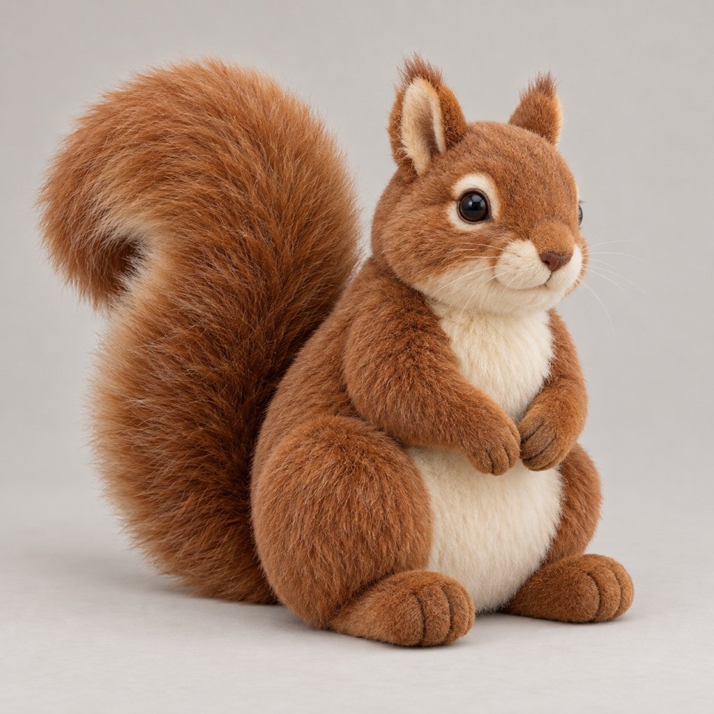 Chestnut squirrel plush design concept with a cream chest, small front paws, ear tufts and a large upward curling tail
