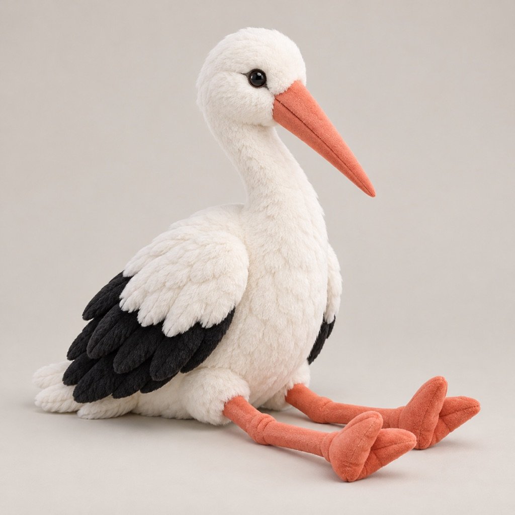 Seated white stork plush concept with a long coral bill, black lower wing panels and two long coral legs extending forward