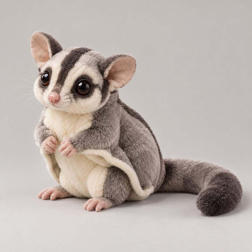 Seated silver-grey sugar glider plush concept with a dark head stripe, cream belly, pink paws and a long curved tail