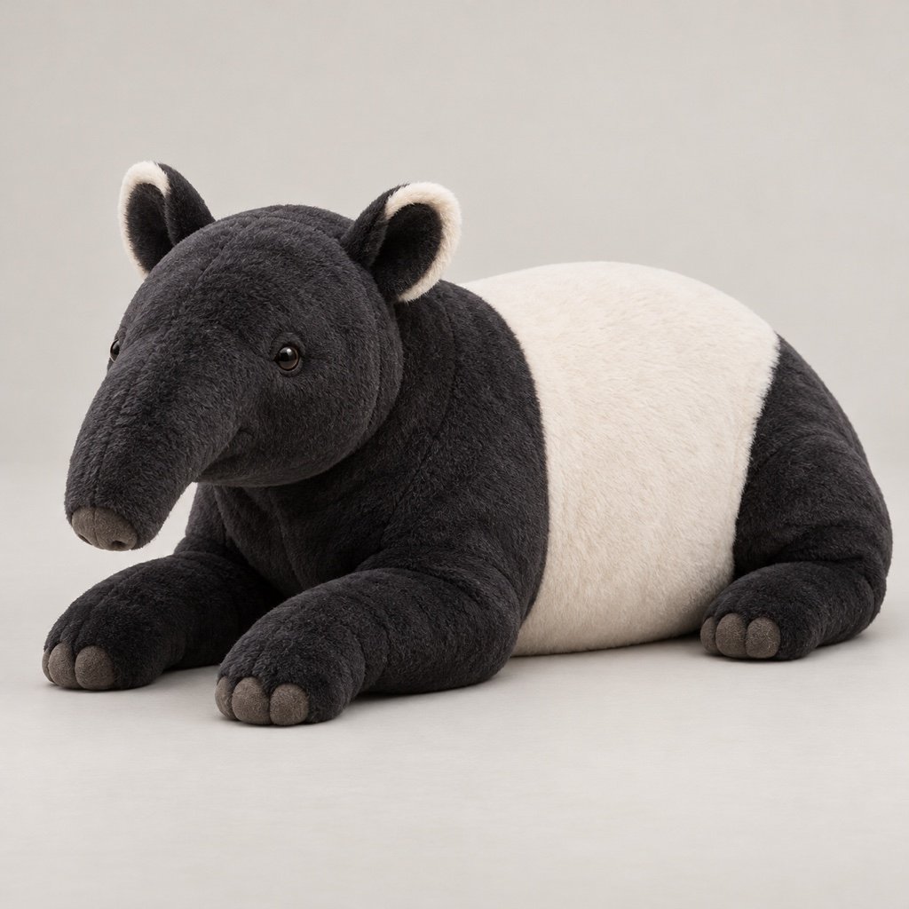 Resting black and cream tapir plush design concept with a broad pale saddle, extended snout and rounded ears