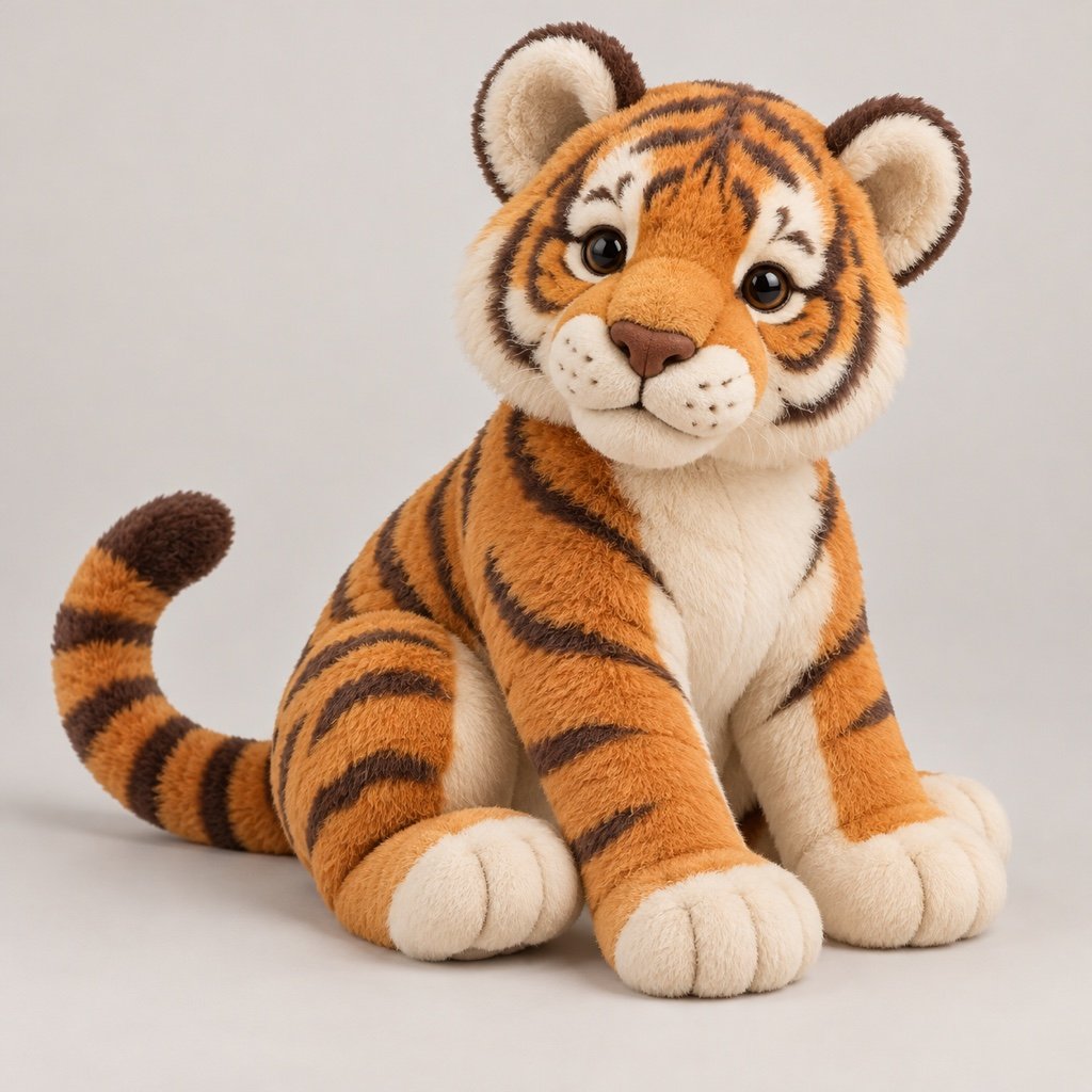 Seated orange tiger plush concept with dark irregular stripes, cream cheeks and chest, pale paw tips and a curved striped tail