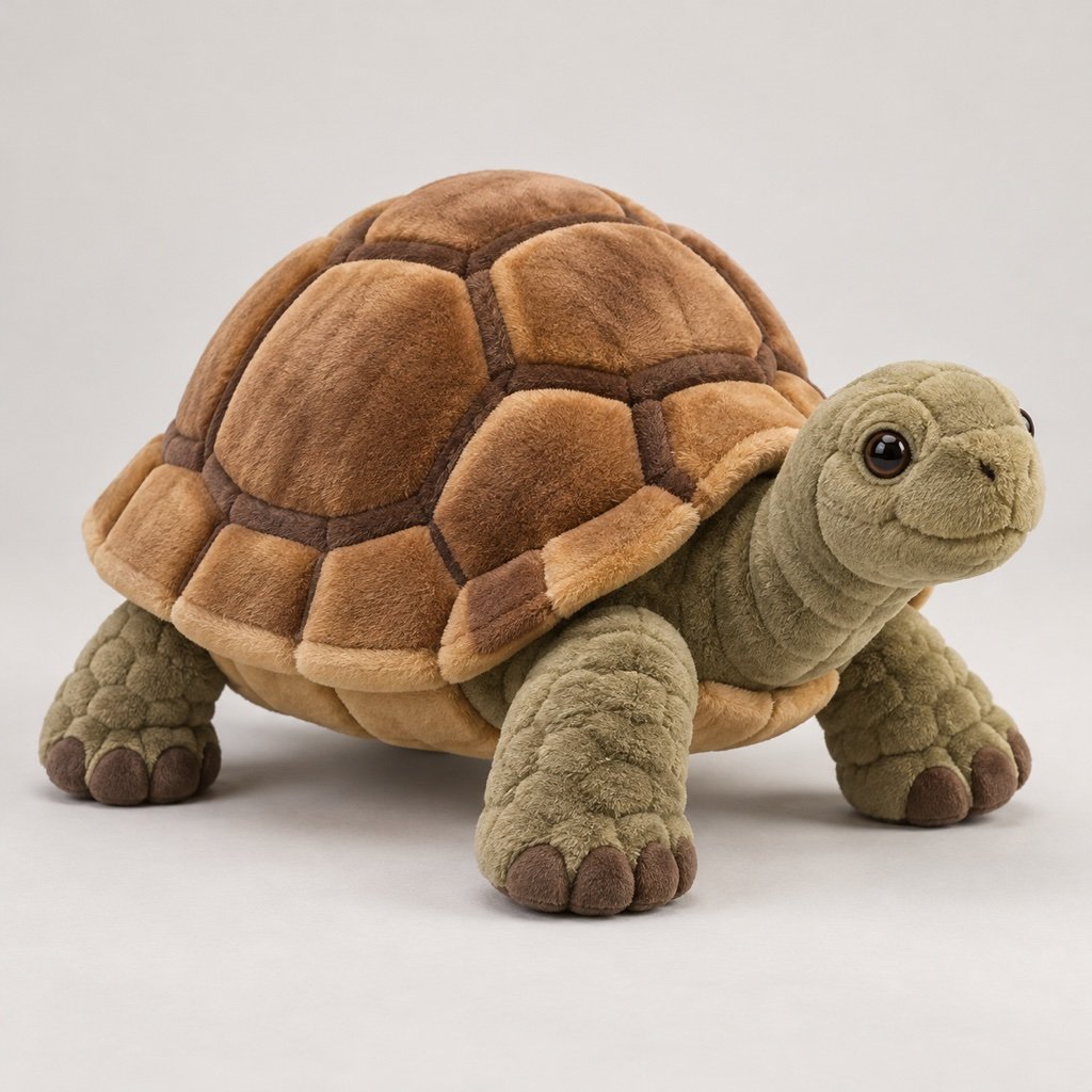 Tortoise plush concept with a domed brown shell, dark panel boundaries, olive head and thick padded feet