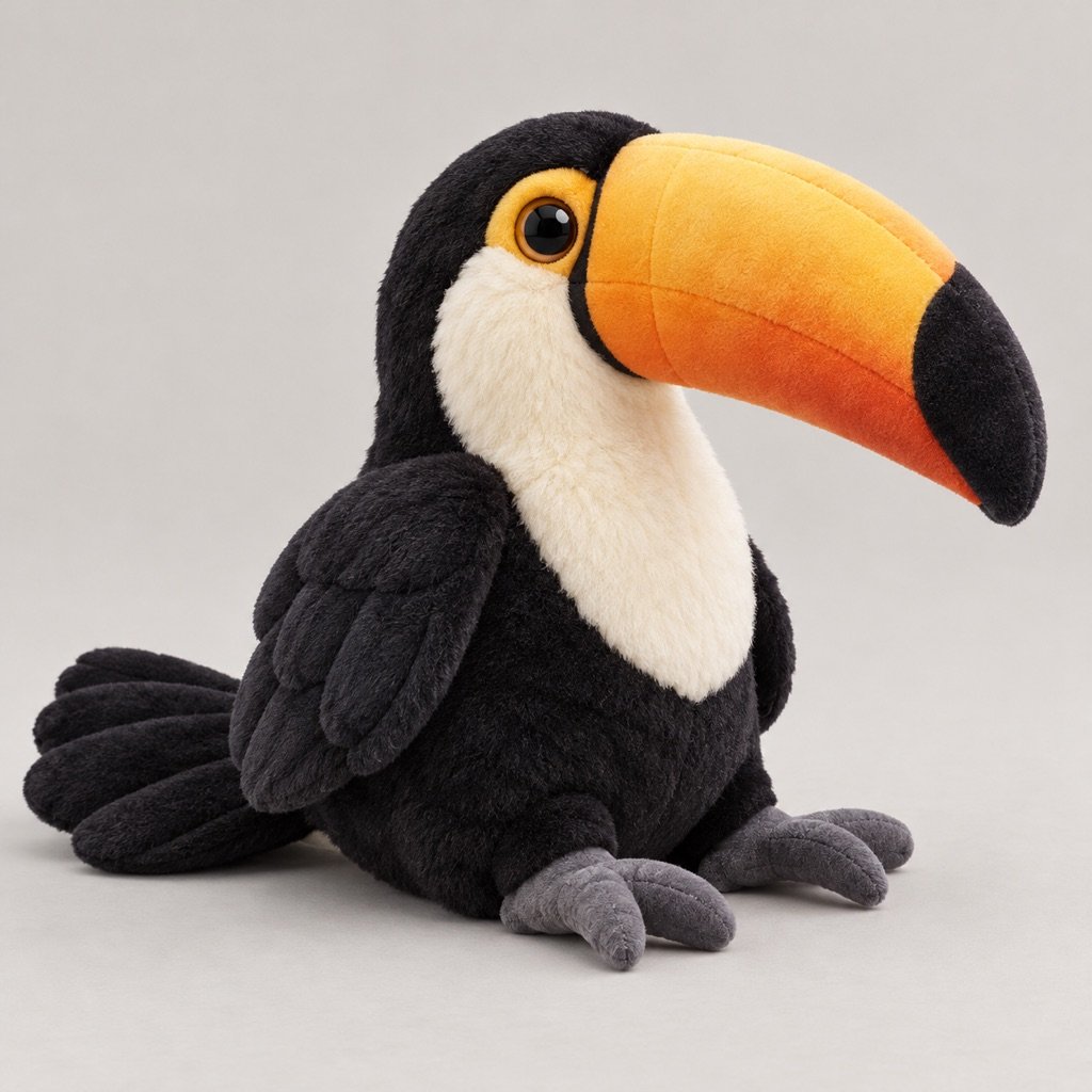 Black toucan plush concept with a large yellow-orange bill tipped dark, a cream chest, folded wings and grey feet