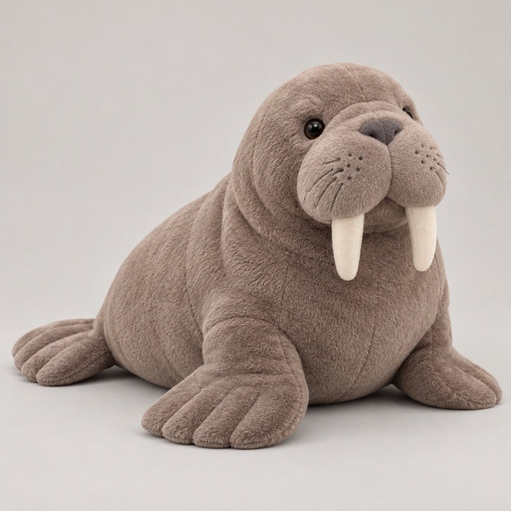 Warm grey walrus plush concept seated with a broad padded muzzle, two pale rounded tusks, whisker marks and wide front flippers